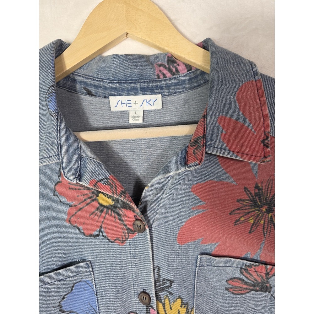She + Sky Chambray Denim Floral Shirt Dress Button Front Tunic Boho Size L - Picture 3 of 10